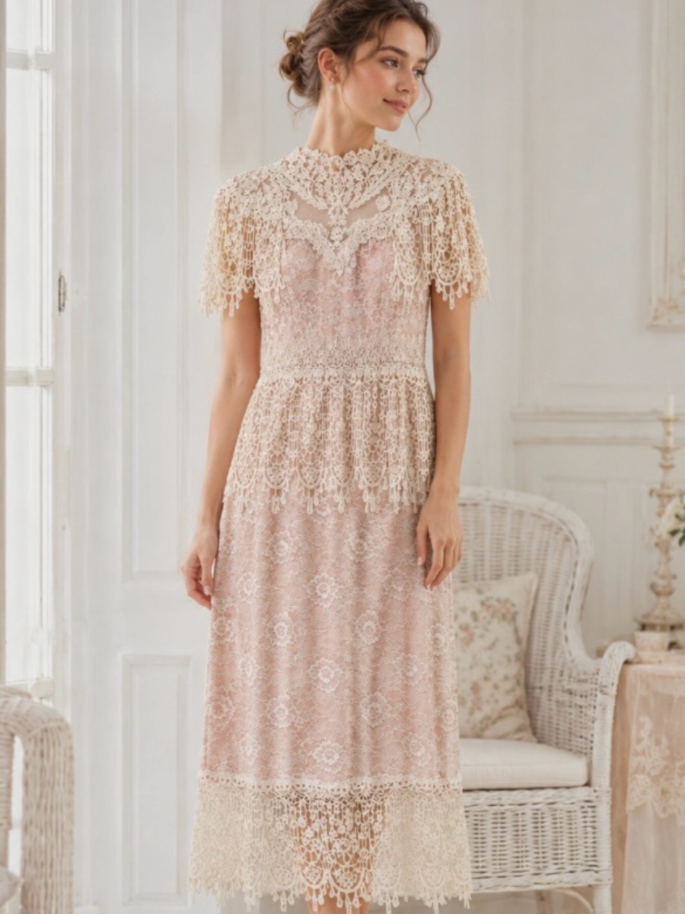 Vintage Lorrie Kabala Lace Blush Ivory Capelet  Coquette  dress